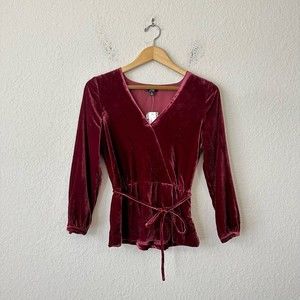 NWT J. CREW Faux Wrap Velvet V-Neck Top in Burgundy #J4962